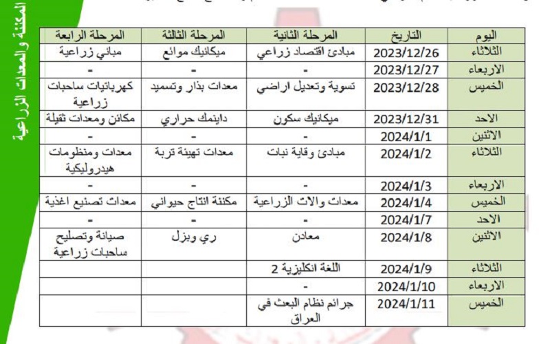  جدول الامتحانات النهائية الكورس الاول (الفصل الاول) للدراسة الصباحية والمسائية للقسمي النباتات الطبية والصناعية و القسم المكننة والمعدات الزراعية للعام الدراسي 2023-2024.