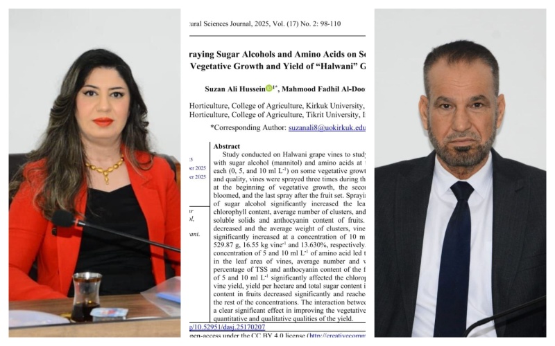 باحثان من جامعتي كركوك وتكريت ينشرون بحثا علميا في مجلة ديالى للعلوم الزراعية