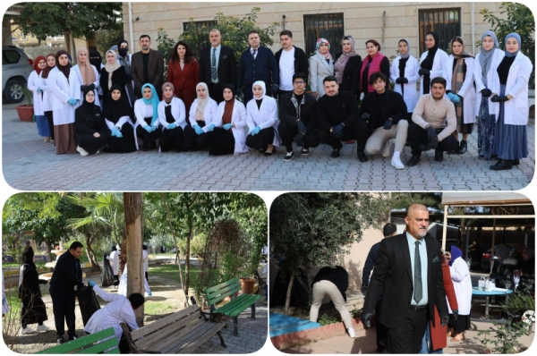 كلية التمريض تنظم حملة تطوعية لتنظيف قاعات وحدائق واروقة الكلية