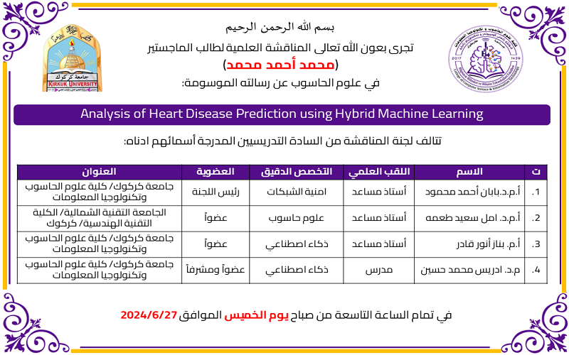 اعلان مناقشة رسالة الماجستير للطالب (محمد أحمد محمد) 